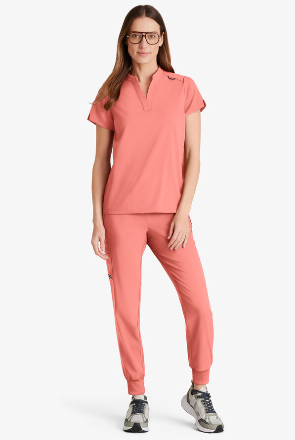 Grey's Anatomy by Barco Spandex STRETCH Avery Women's 2-Pocket Notch Sleeve V-Neck Scrub Top - Bright Papaya - 4