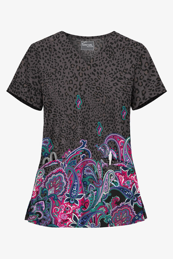 Butter-Soft STRETCH Jungle Paisley Pewter Women's 2-Angled Welt Pocket V-Neck Print Scrub Top - null - 1