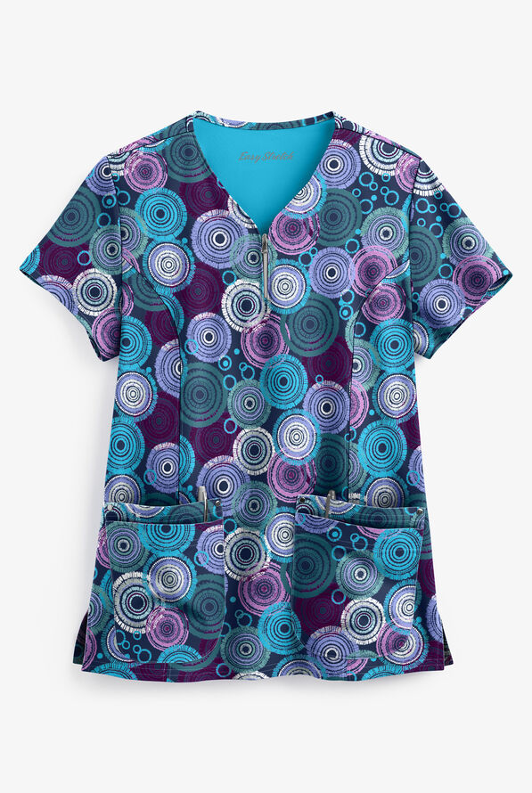 Easy STRETCH Mandala Tapestry Navy Print Scrub Top, Fashion Scrubs