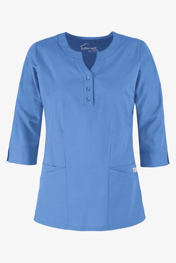 Butter-Soft STRETCH Women's 4-Pocket 3/4" Sleeve Round Neck Scrub Top - Ceil Blue - 1