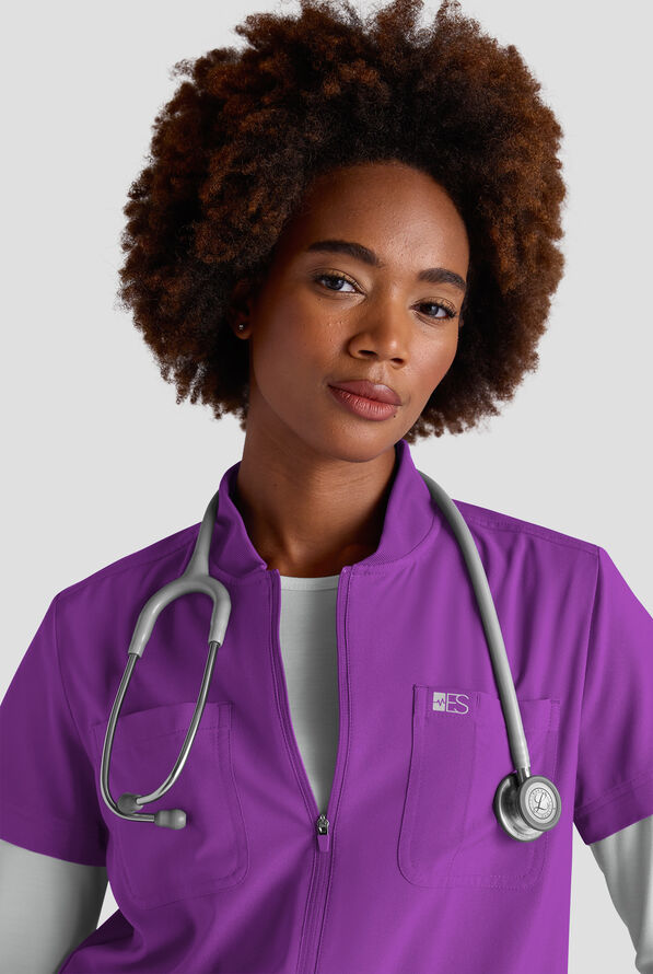 Easy STRETCH Nika Women's Zip Front Scrub Top&ndash; 2-Piece Jumpsuit Top - Fresh Purple - 3
