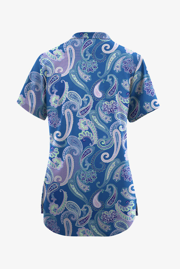 Butter-Soft Originals Kashmir Paisley Royal Women's 6-Pocket Mandarin Collar Print Scrub Top - null - 2