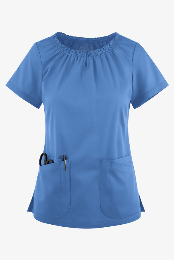 Blusa médica UA Butter-Soft STRETCH estilo campesina con mangas cortas y 6 bolsillos para mujer - Ceil Blue - 1