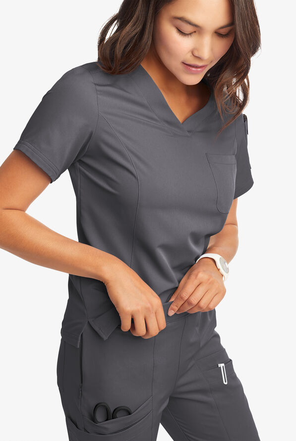 Butter-Soft Women's 3-Pocket V-Neck Tuck-In Scrub Top **Slightly IRREGULAR** - Pewter - 2
