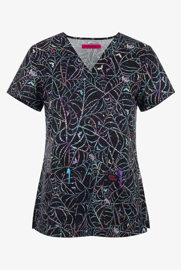 Betsey Johnson Halloween Dazzling Webs Women's 2-Pocket STRETCH V-Neck Print Scrub Top - null - 1