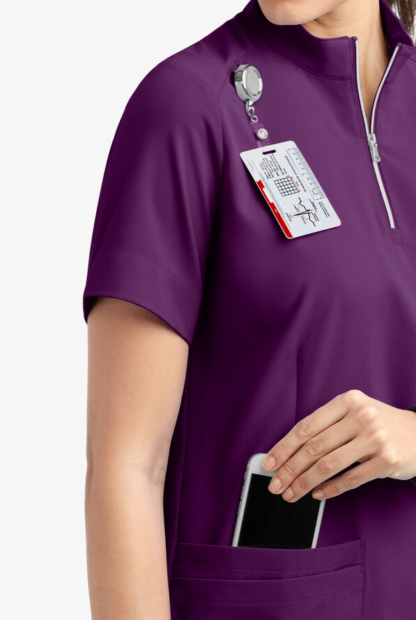 Easy STRETCH Jen Women's 4-Pocket Zip-Neck Short Sleeve Scrub Top - Eggplant - 6