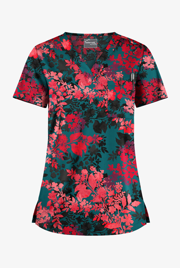 Butter-Soft STRETCH Medici Floral Caribbean Women's 1-Pocket Tuck-In V-Neck Print Scrub Top - null - 1