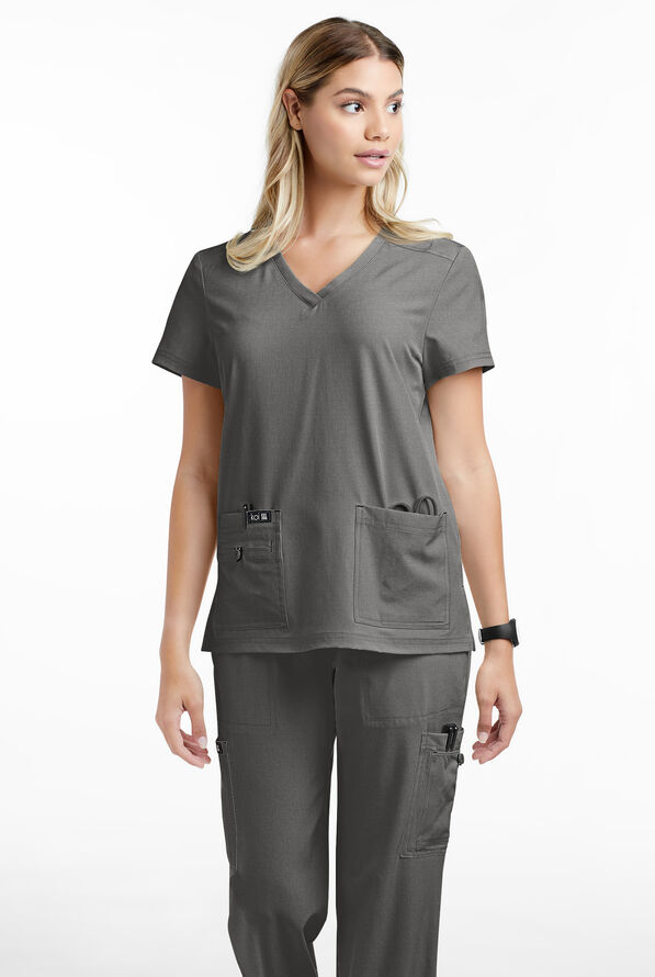 koi Basics Becca Women's 4-Pocket STRETCH V-Neck Scrub Top - Heather Grey - 2