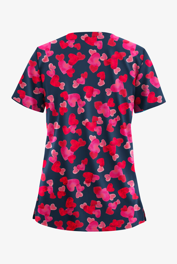 Butter-Soft STRETCH Forever Love Navy Women's 2-Pocket V-Neck Print Scrub Top - null - 2