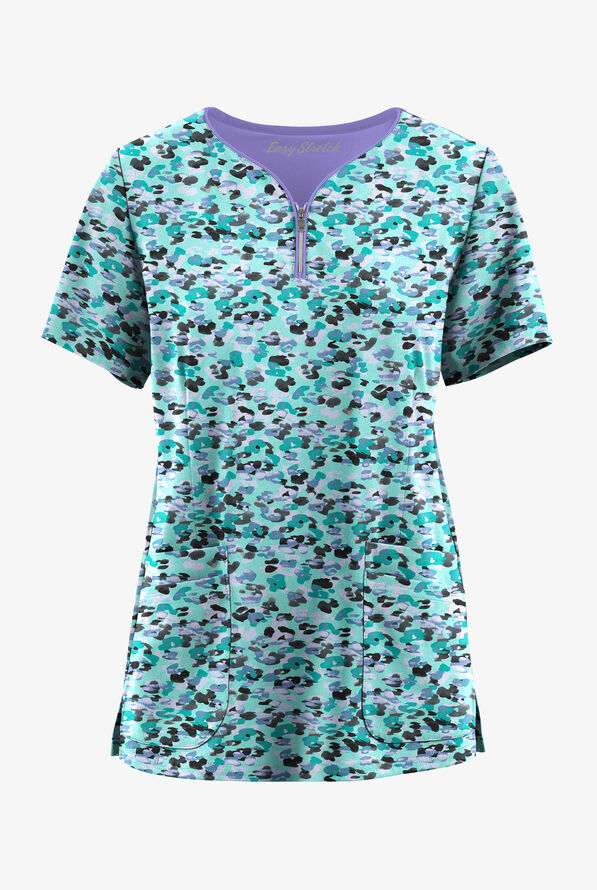 Easy STRETCH Mystical Animal Women's 4-Pocket Zip Curved Neck Print Scrub Top - null - 1