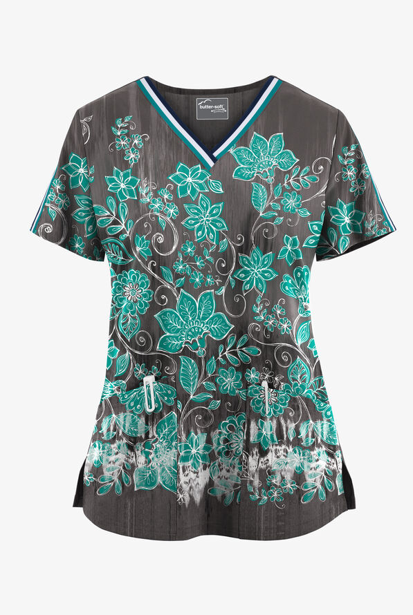 Blusa médica estampada Butter-Soft STRETCH Wildflower Border Pewter con cuello en V y 3 bolsillos para mujer - null - 1