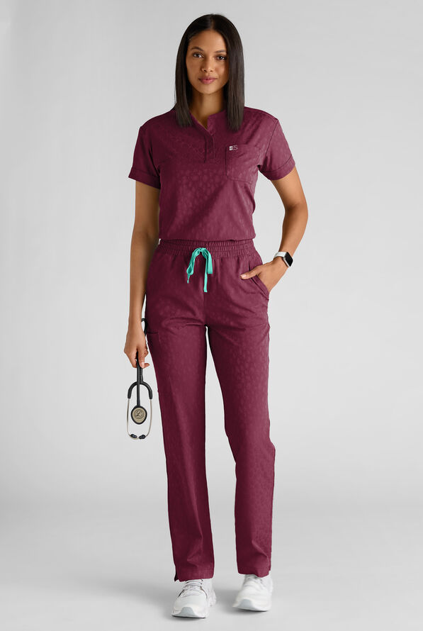 Easy STRETCH Bella Women's Jacquard 1-Pocket Henley Scrub Top - Wine - 6
