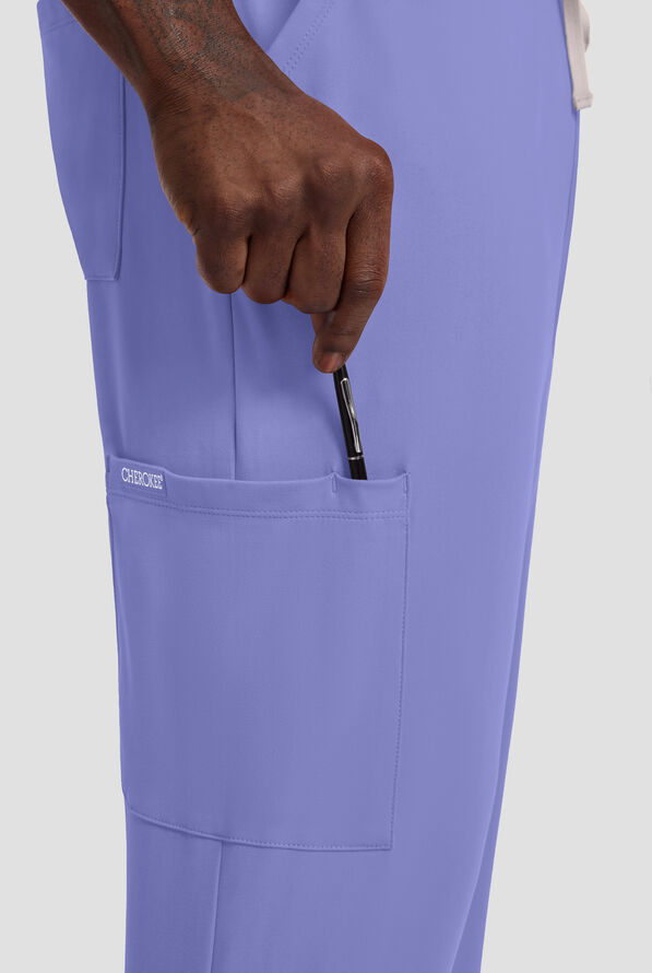 Cherokee Achieve Men's 5-Pocket STRETCH Straight Leg Cargo Knit Scrub Pants - Ceil Blue - 2
