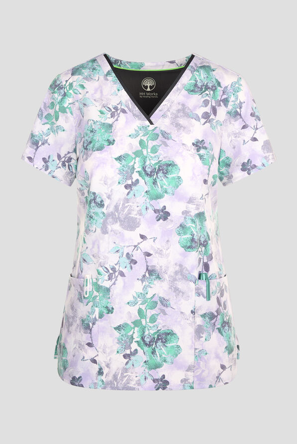 Healing Hands Quiet Petals Women's 3-Pocket STRETCH V-Neck Print Scrub Top - null - 1