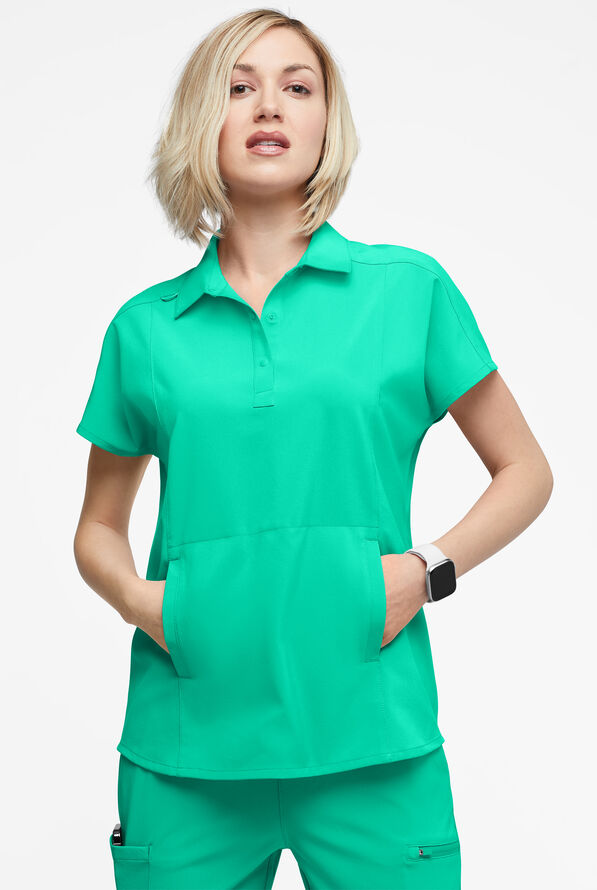 Easy STRETCH LEA Women's 3-Pocket Polo Collar Scrub Top - Dynasty Green - 2