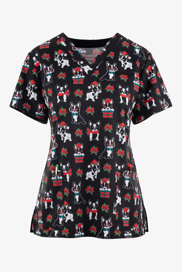 White Cross Boston Holiday Dog Women's 3-Pocket Stretch V-Neck Print Top - null - 1