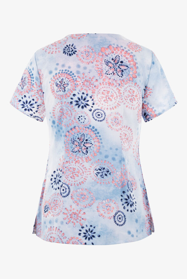 Healing Hands Mystic Watercolor Floral Medallions Women's 3-Pocket STRETCH V-Neck Print Scrub Top - null - 2