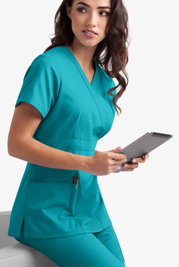 Butter-Soft Core Women's 2-Pocket Empire Mock Wrap Scrub Top - Teal - 3