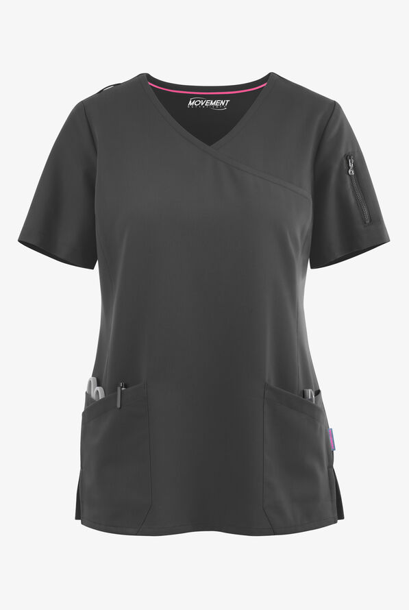 MOVEMENT by Butter-Soft Capella Women's 5-Pocket Faux Wrap STRETCH Scrub Top - Pewter - 1