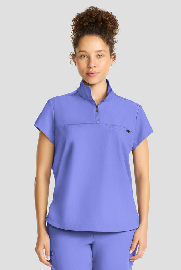 Healing Hands Quest Women's 1-Pocket STRETCH Tuck In Half Zip Collar Scrub Top - Ceil Blue - 2