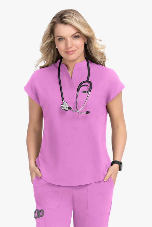 koi Basics Ari Women's 1-Pocket STRETCH Dolman Sleeve Mandarin Collar Scrub Top - Bloom Lavender - 2
