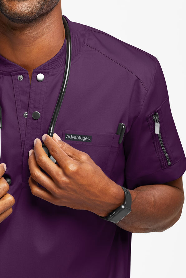 Advantage STRETCH Men's 2-Pocket Short Sleeve Henley Scrub Top - Eggplant - 3