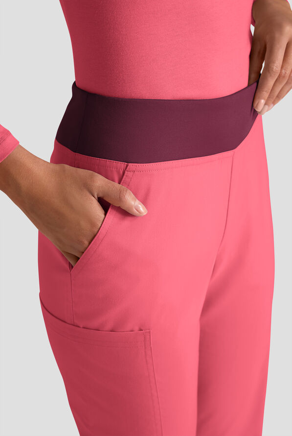 Butter-Soft STRETCH Women's 4-Pocket Knit Waistband Yoga Scrub Pants - Tall - Rouge Rose/Wine - 5