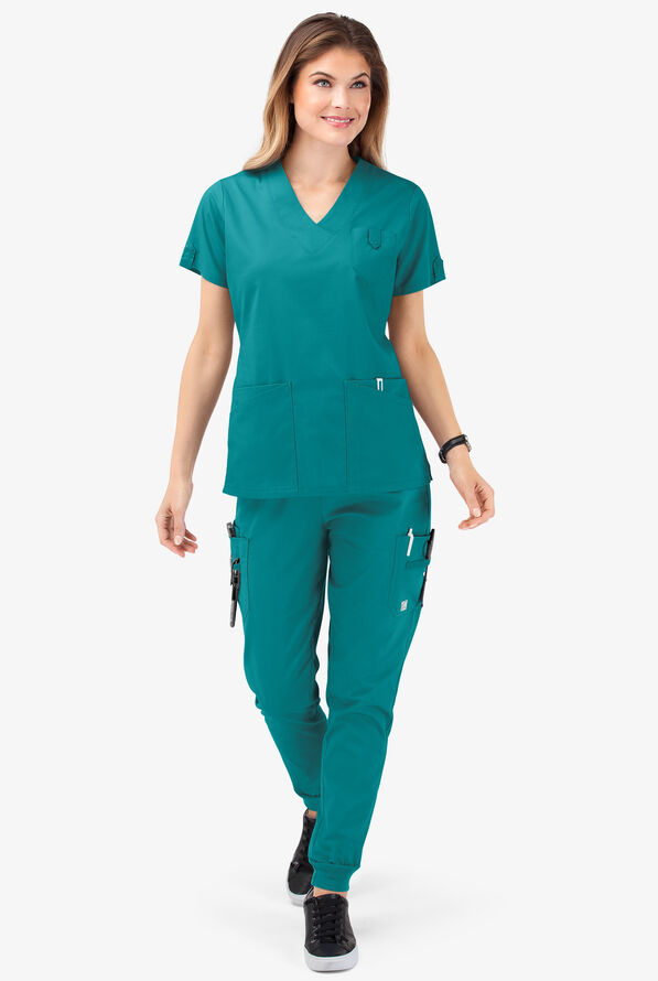 Butter-Soft STRETCH Women's 6-Pocket V-Neck Scrub Top - Teal - 2
