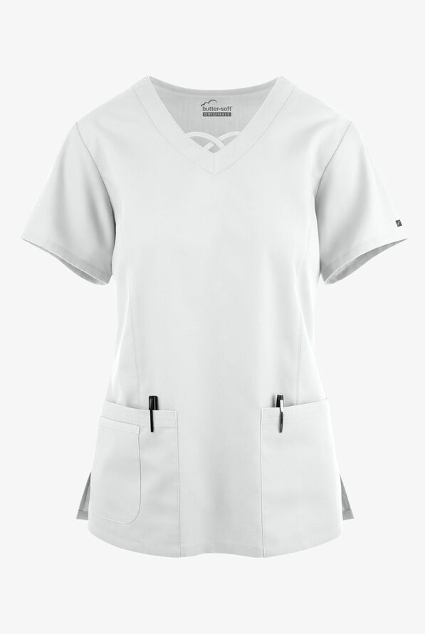 Butter-Soft Originals Women's 3-Pocket Crisscross V-Neck Scrub Top - White - 1
