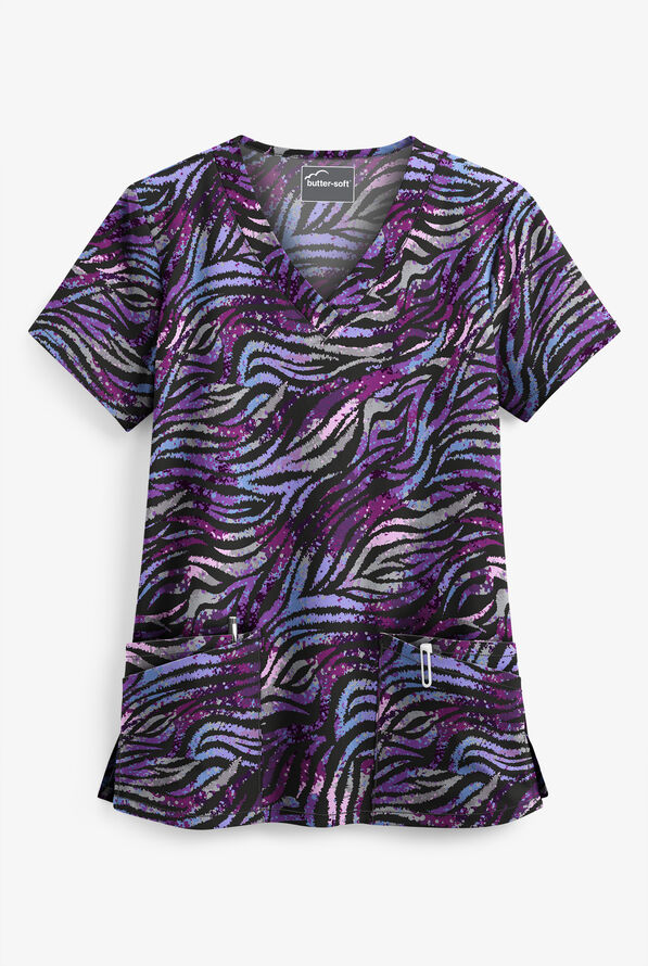 Butter-Soft Watercolor Zebra Black Printed Women's 4-Pocket V-Neck Scrub Top - null - 1