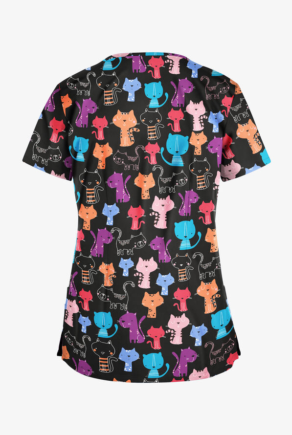 Butter-Soft Paris Cats Women's 4-Pocket Rounded V-Neck Print Scrub Top - null - 2