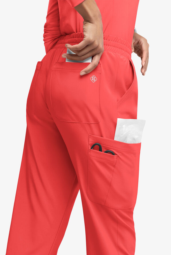 Easy STRETCH Naya Women’s Natural Waist 6-Pocket Straight Leg Scrub Pants - Petite - Radiant Red/Apricot Crush - 4