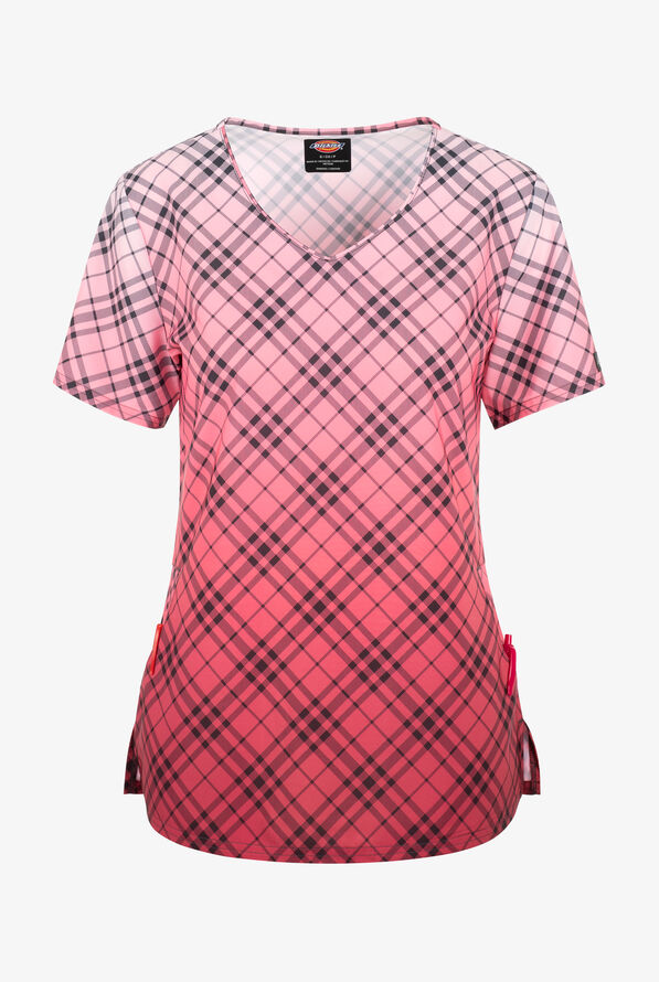 Dickies Plaid Dip Dye Women's 2-Pocket STRETCH V-Neck Print Scrub Top - null - 1