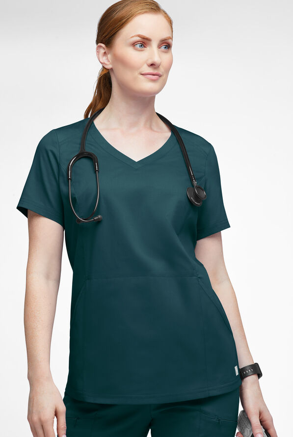 Blusa m&eacute;dica UA Butter-Soft STRETCH con detalle tejido y 3 bolsillos para mujer - Caribbean Blue - 3