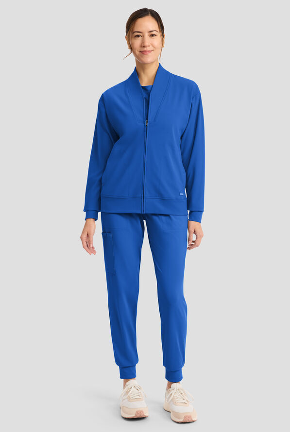 Cherokee Achieve Women's 2-Pocket STRETCH Zip Front Collar Knit Scrub Jacket - Royal - 3
