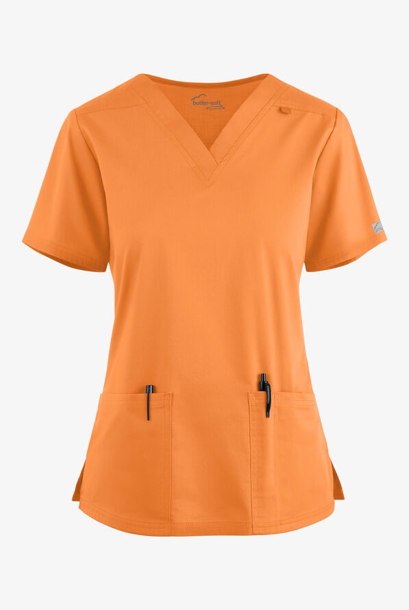 Butter-Soft STRETCH Women's 4-Pocket V-Neck Scrub Top - Apricot Crush - 1