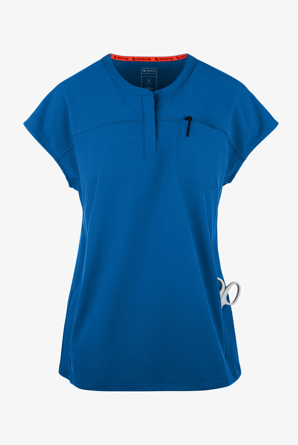 Infinity GNR8 Women's 3-Pocket STRETCH Rib-Knit Dolman Sleeve Zip Placket Round Neck Scrub Top - Royal - 1