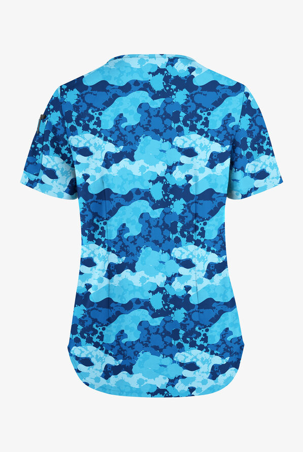 Easy STRETCH Camo Splash Navy Women's 3-Pocket Tuck-In V-Neck Print Scrub Top - null - 2