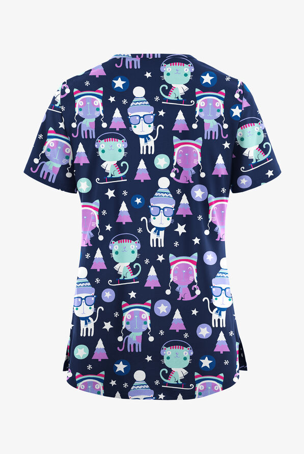 Blusa médica estampada UA Butter-Soft STRETCH Christmas Kitties Navy con cuello en V y 3 bolsillos para mujer - null - 2