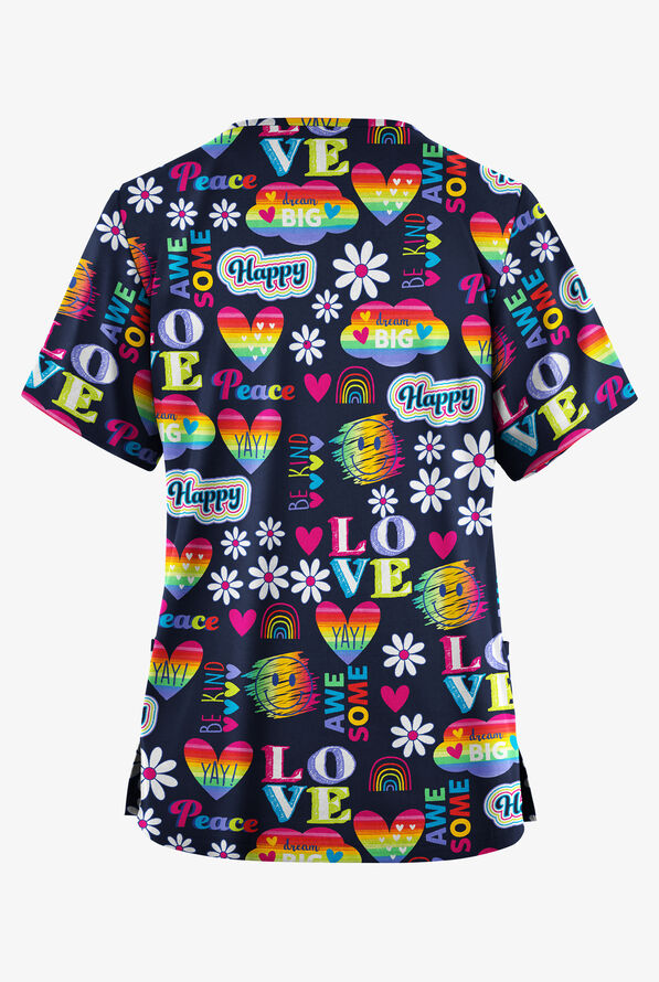 Butter-Soft Originals Good Vibes Only Navy Women's 2-Pocket V-Neck Print Scrub Top - null - 2