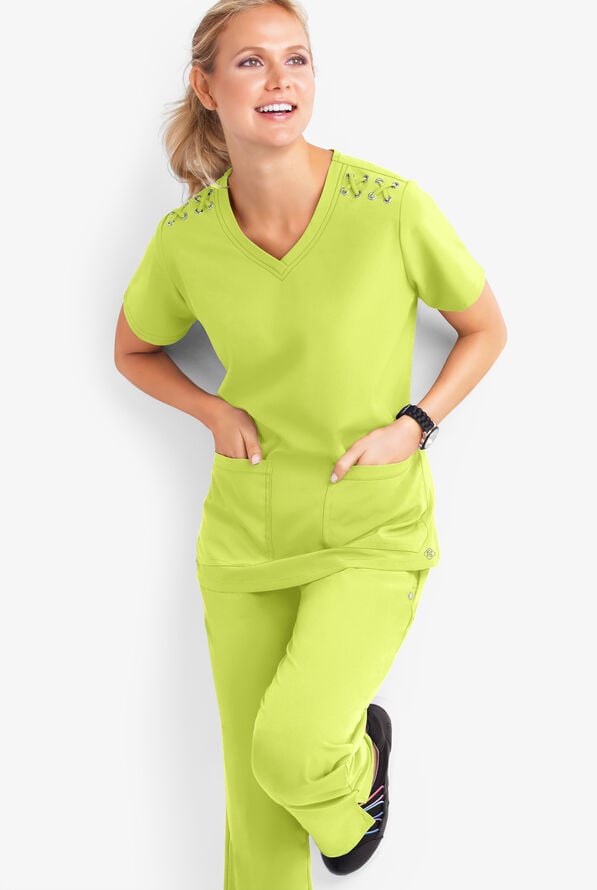 Easy STRETCH Leila Women's 3-Pocket Lace Up Grommet Scrub Top - Fresh Lime - 2