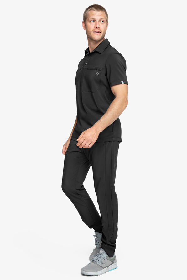 Infinity Men's 1 Zippered Pocket STRETCH Rib-Knit Polo Scrub Top - Black - 6