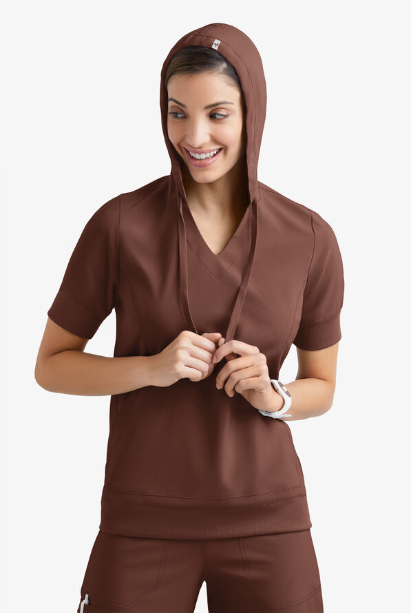 Sudadera m&eacute;dica manga corta Easy STRETCH True con capucha y 3 bolsillos para mujer - Double Espresso - 3