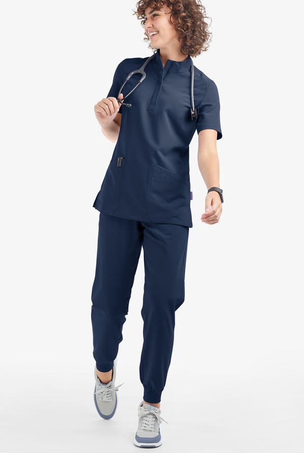 Movement by Butter-Soft Lyrae Women’s 6-Pocket Zip Closure Neck Scrub Top - Navy - 4