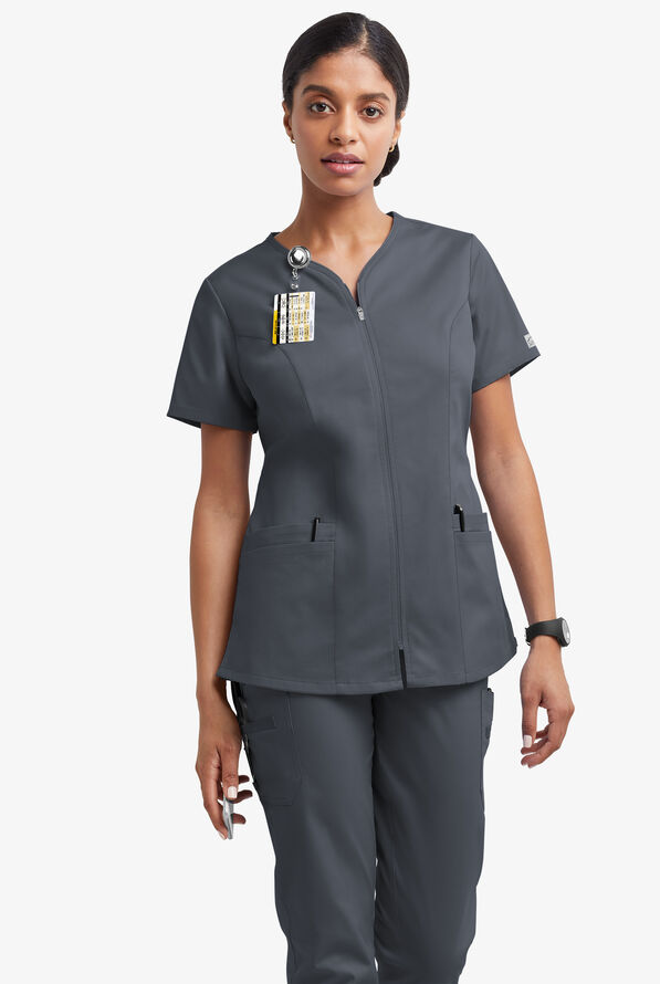 Butter-Soft STRETCH Women's 4-Pocket Smooth Face Zipper Scrub Top - Pewter - 2