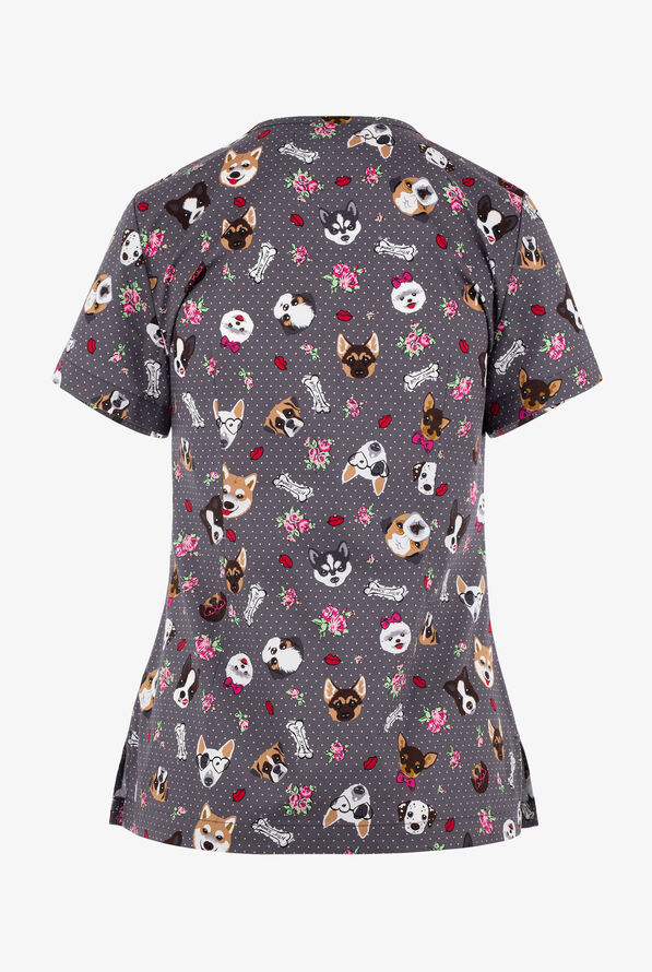 Betsey Johnson Puppy Love Women's 2-Pocket STRETCH V-Neck Print Scrub Top - null - 2