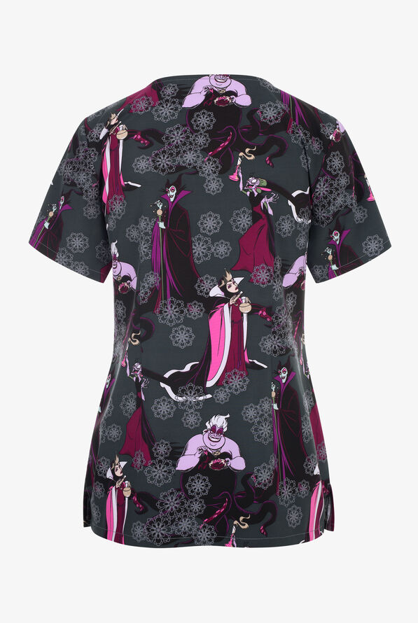 Tooniforms Disney's Villains Mischief Women's 2-Pocket STRETCH V-Neck Print Scrub Top - null - 2
