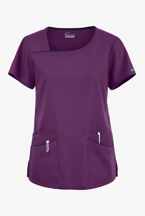 Blusa médica Butter-Soft Originals con cuello asimétrico y 4 bolsillos para mujer - Eggplant/Navy - 1