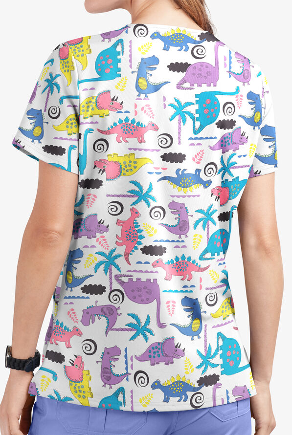 Blusa médica estampada Happy Scrubs Stompin' Dino Orchid con cuello en V y 2 bolsillos para mujer - null - 3
