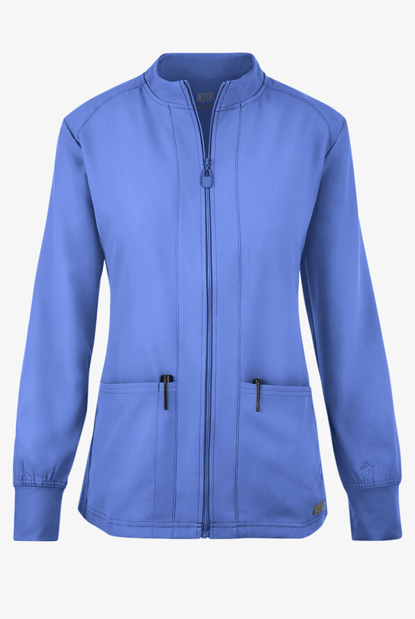 Med Couture Insight Women's 3-Pocket Zip Front Warm Up Scrub Jacket - Ceil Blue - 1
